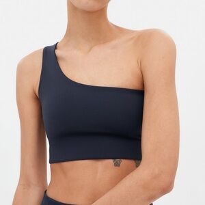 Girlfriend Collective Navy One-Shoulder Sports Bra